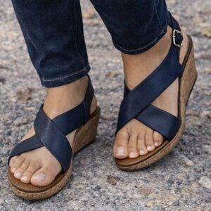 Jessica Cline Dreamer Wedge Slingback Sandals Navy Cork Print 10M